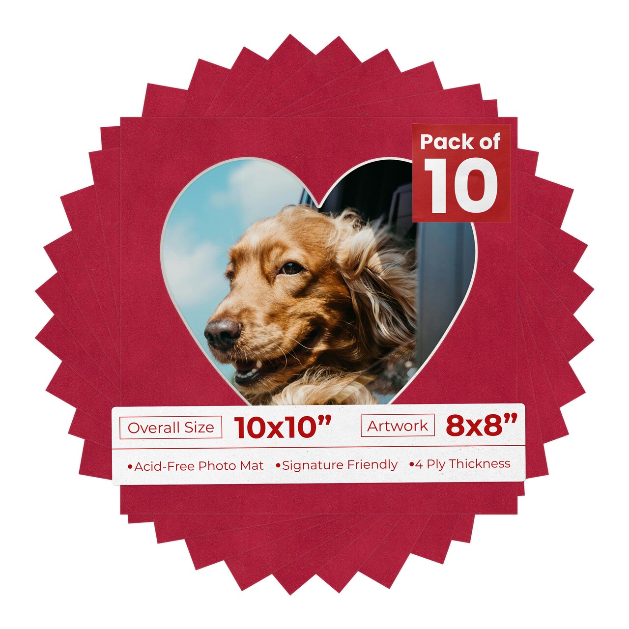 Red Suede Mat Board for 10x10 Frames - Heart Opening for 8x8 Photos